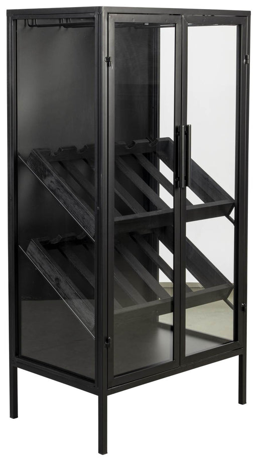 Weinschrank Weinregal ROB Vitrine aus Metall mit schwarzem Rahmen und zwei Glastüren, Gesamtansicht.