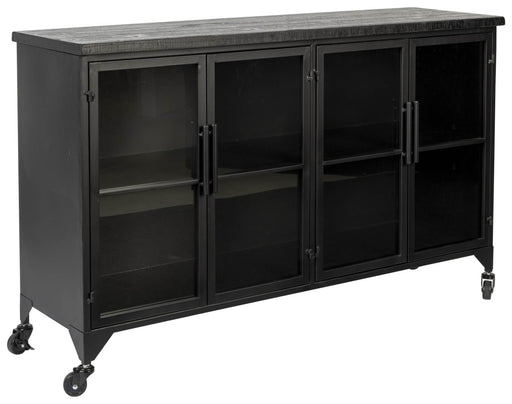 Vintage Vitrine Lowboard Kommode FERRE LOW in Schwarz mit vier Glastüren und grauer Holzplatte, Gesamtansicht.