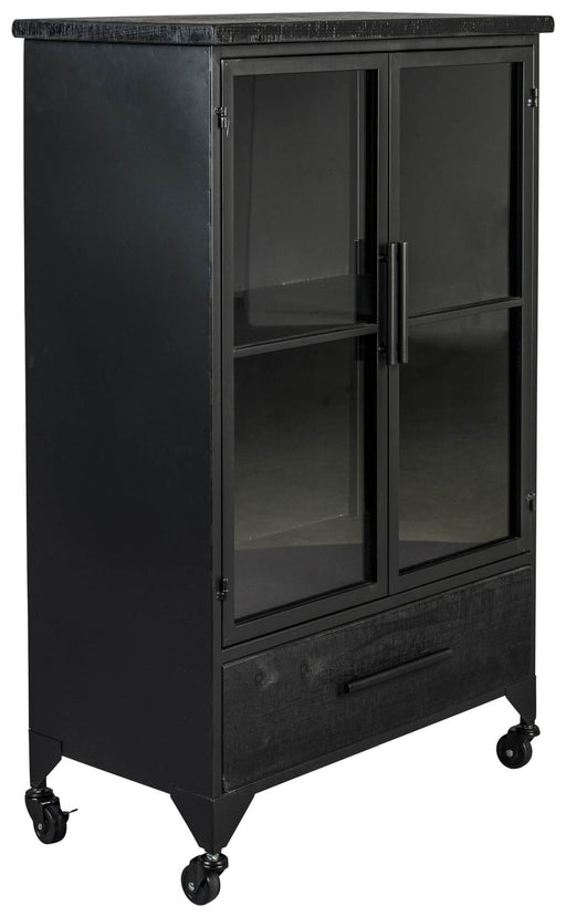 Schwarze Vintage Vitrine Kommode FERRE M mit Glastüren und Rollen in Gesamtansicht.