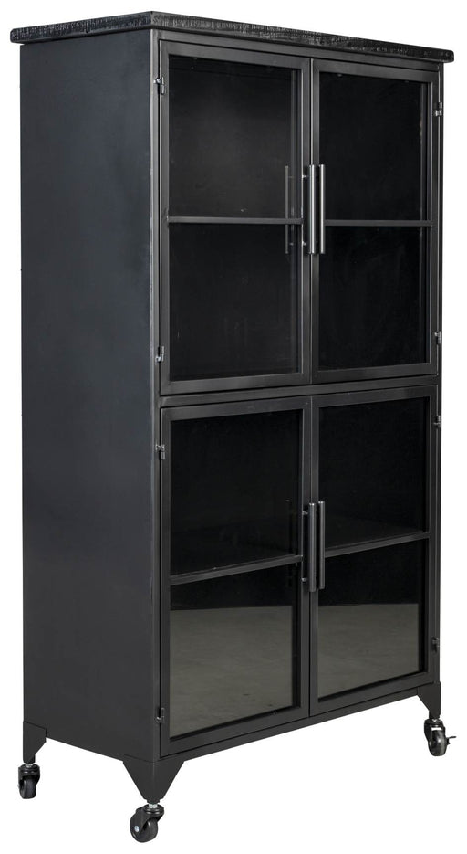 Schwarze Vintage Vitrine Kommode FERRE L mit sechs Glastüren und schwarzen Metallrahmen, Gesamtansicht.