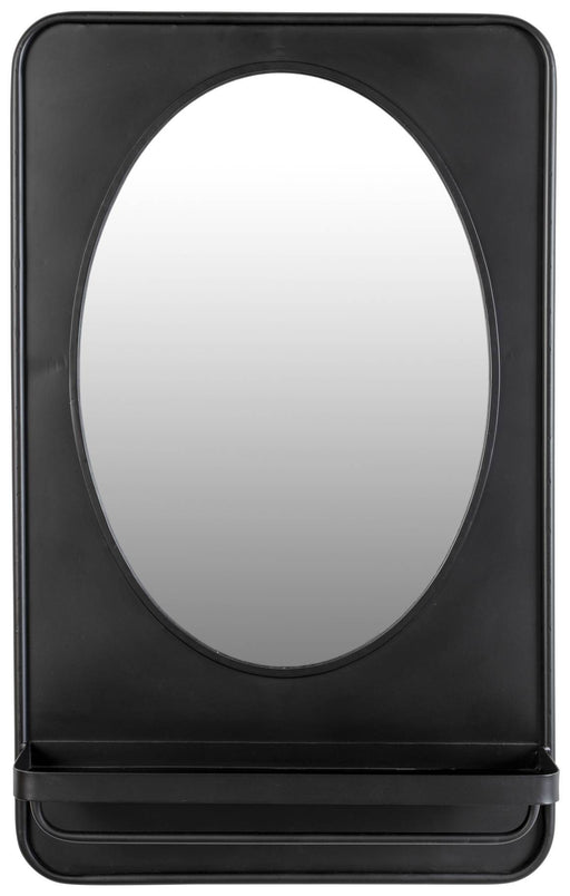 Wandspiegel PASCAL M mit Ablage in Metall schwarz, Gesamtansicht mit ovalem Spiegelausschnitt und Ablage unten.