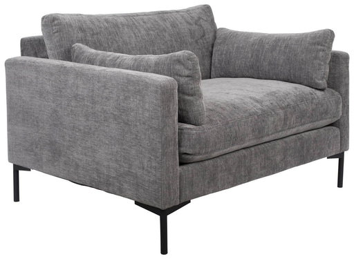 Zuiver Sessel LOVE SEAT SUMMER ANTHRAZIT in Gesamtansicht mit grauem Polsterstoff und schwarzen Metallbeinen.