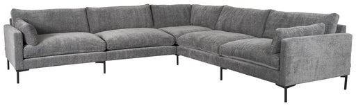 Zuiver Ecksofa Sofa SUMMER ANTHRAZIT 7-Sitzer in Gesamtansicht von vorn mit ausgestellten Armlehnen und Metallfüßen.