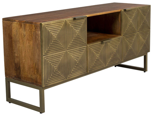 Sideboard VOLAN mit Mangoholz-Platte, offenen Fachböden und geometrischen Messingprofilen, Gesamtansicht.