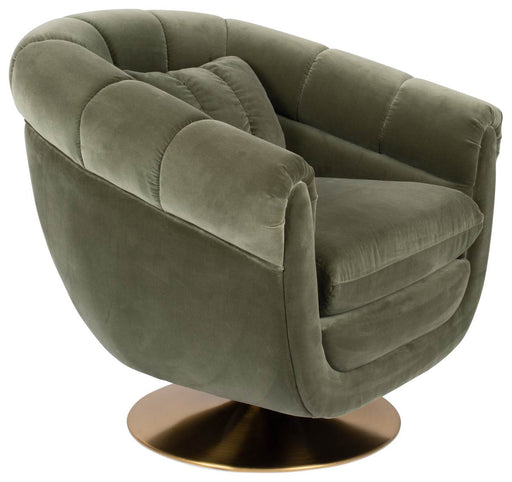 Drehbarer Lounge Sessel MEMBER mit olivgrünem Samtstoffbezug und gepolsterten Armlehnen, Gesamtansicht von vorne.