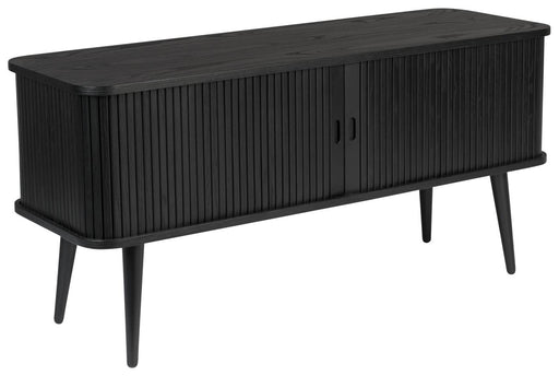 Sideboard BARBIER Schwarz in Gesamtansicht mit gerillten Rolloschiebetüren und schlanken Beinen.