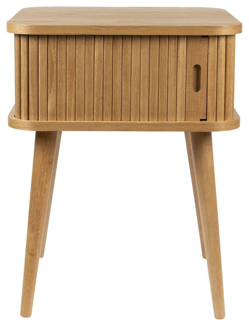 Beistelltisch BARBIER NATURAL mit gerillter Schublade und schlanken Holzbeinen in Gesamtansicht.