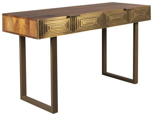 Konsolentisch Tolan mit Mangoholz-Platte und geometrisch gerafelten Metallschubladen in Gesamtansicht.