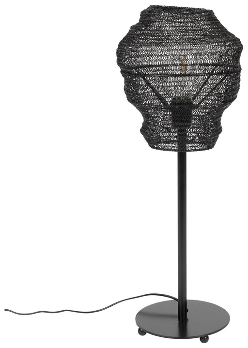 Tischleuchte LENA BLACK mit schwarzem Mesh-Schirm in Gesamtansicht auf rundem Metallfuß mit Rollen.