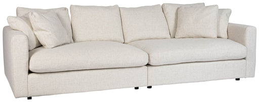 Zuiver 3-Sitzer Sofa SENSE CREAM Soft in Creme, Gesamtansicht von vorne mit zwei Sitzmodulen und dekorativen Kissen.