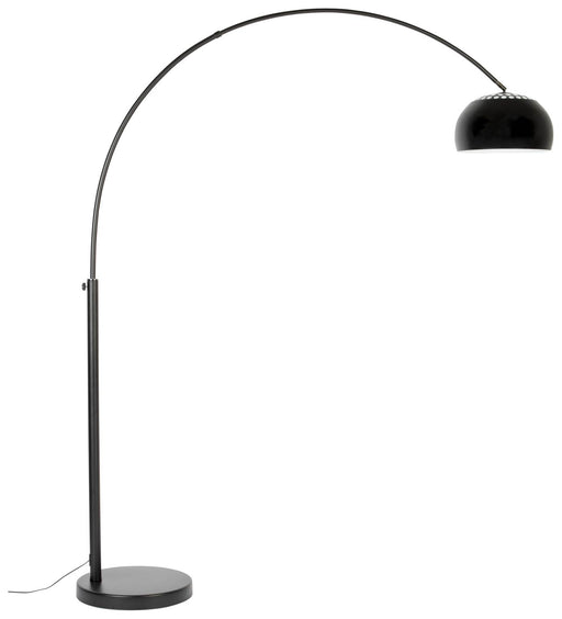 Gesamtansicht der Bogenlampe Stehlampe METAL BOW SCHWARZ mit geschwungenem Metallgestell und kugelförmigem schwarzem Schirm.