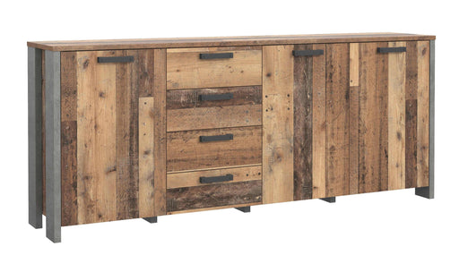 Sideboard CLIF in Old Wood Vintage mit drei Türen, vier Schubladen und Betonoptik-Seitenteilen, Gesamtansicht.