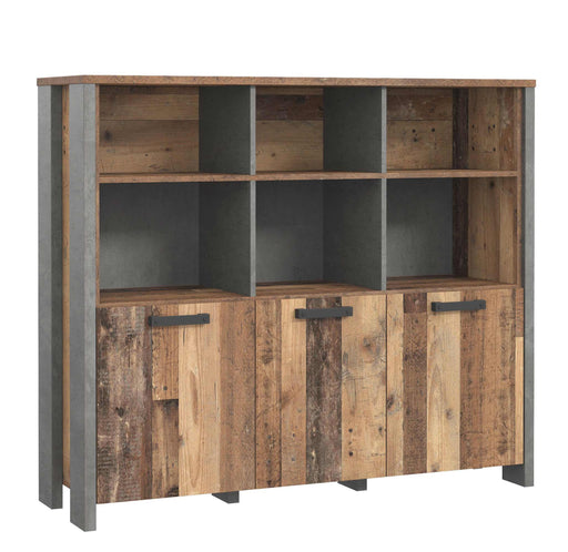 Highboard Regal CLIF mit drei Holztüren in Old-Wood-Vintage-Optik und dunkelgrauen Betonoptik-Seitenteilen, Gesamtansicht.