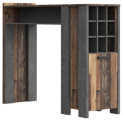 Stehtisch Bartisch CLIF in Old Wood Vintage mit Holzgestell, dunkelgrauer Betonoptik und offenem Regalfach, Gesamtansicht.