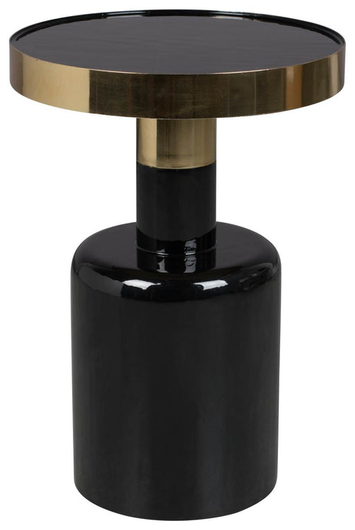 Beistelltisch GLAM ZUIVER mit schwarzer Tischplatte und goldmetallischem Gestell, Gesamtansicht.