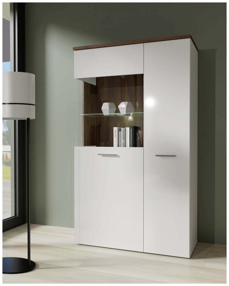 Highboard Vitrine RAIDON Optik Weiß Walnuss Front Highgloss von Forte