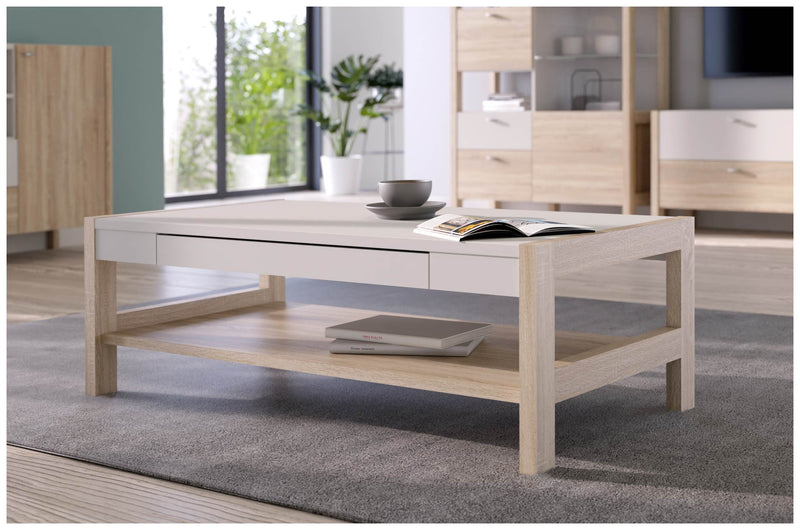 Couchtisch HOYVIK mit Schublade Optik Sonoma Eiche und Weiß von Forte