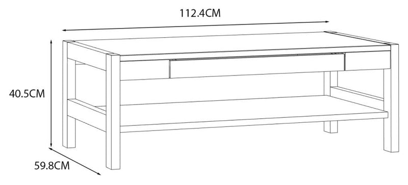 Technische Zeichnung des Couchtisch HOYVIK mit Schublade Optik Sonoma Eiche und Weiß, Seitenansicht mit Maßangaben.