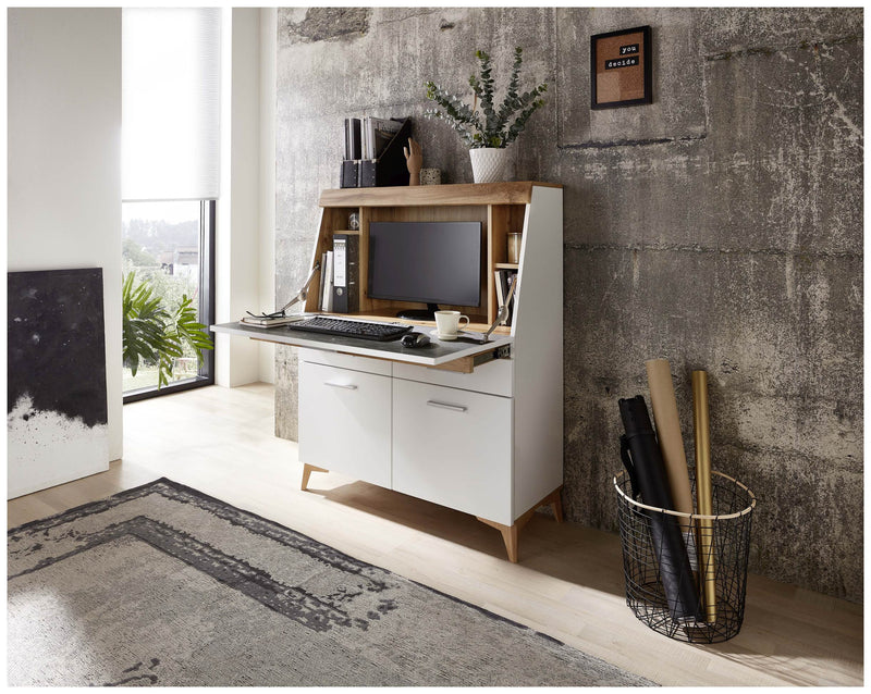 SECRET - Sekretär Weiß mit Eiche Altholz mit Platz für einen Monitor