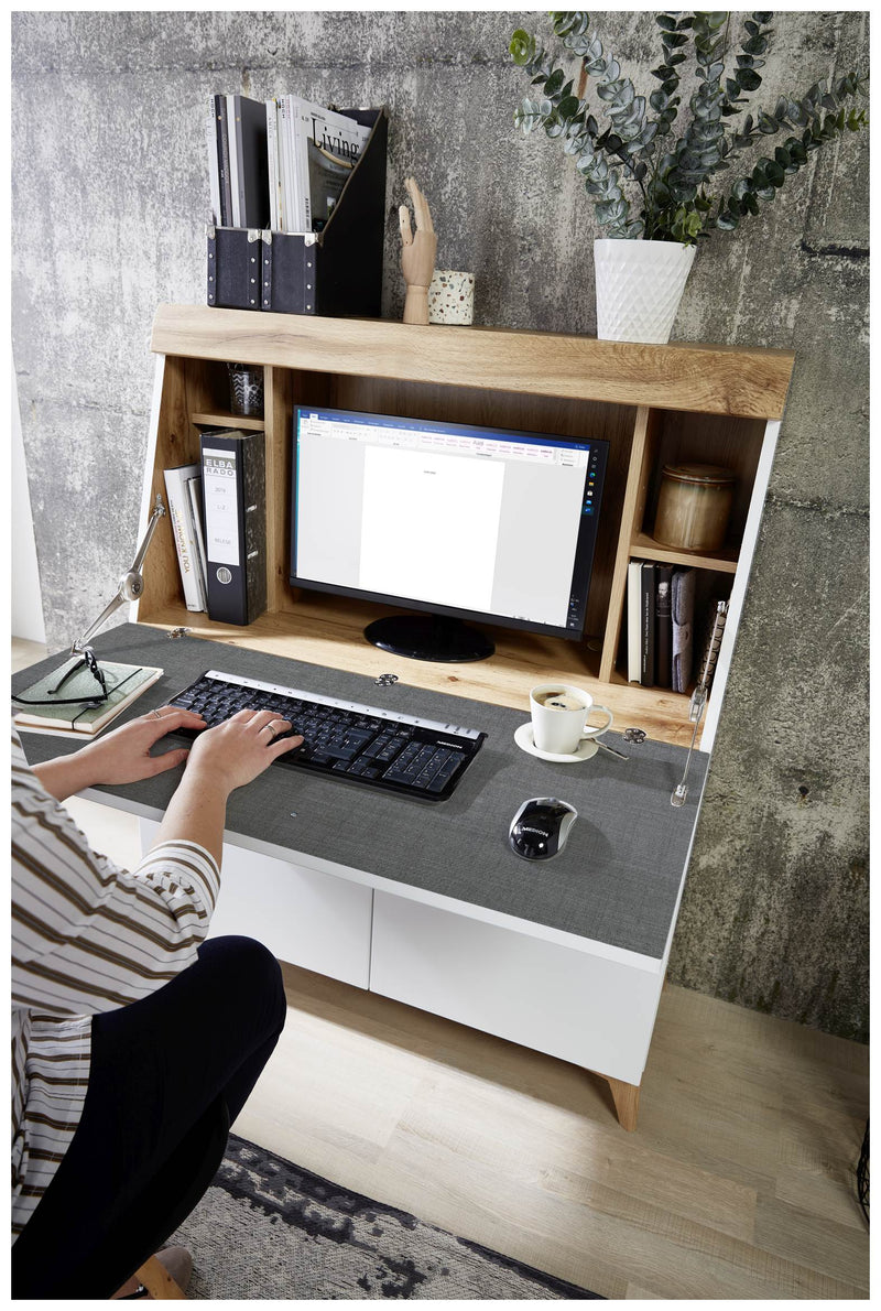 SECRET - Sekretär Weiß mit Eiche Altholz mit Platz für einen Monitor