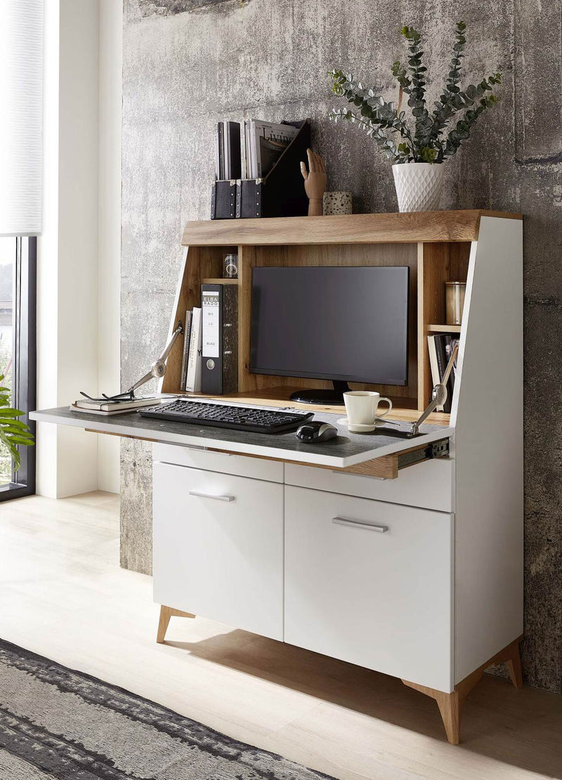 SECRET - Sekretär Weiß mit Eiche Altholz mit Platz für einen Monitor
