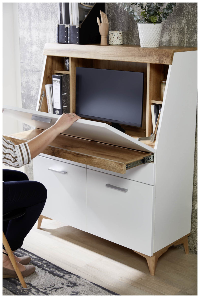 SECRET - Sekretär Weiß mit Eiche Altholz mit Platz für einen Monitor