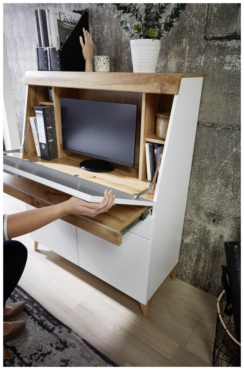 SECRET - Sekretär Weiß mit Eiche Altholz mit Platz für einen Monitor