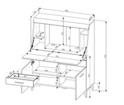 Technische Zeichnung des Sekretär Schreibtisch SECRET Weiß mit aufgeklappter Schreibplatte und Maßangaben.