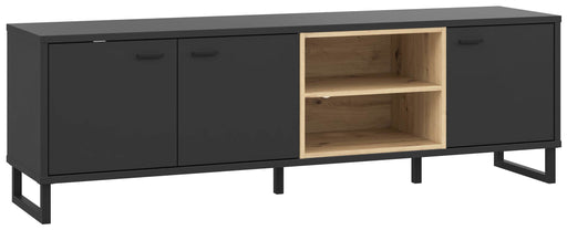 Lowboard TV-Kommode DECYMA in Schwarz/Artisan Eiche mit offenen Fächern und geschlossenen Seitentüren, Gesamtansicht.