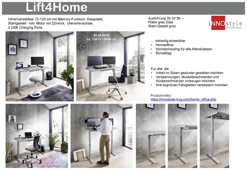 Höhenverstellbarer Schreibtisch elektrisch LIFT4HOME grau mit USB