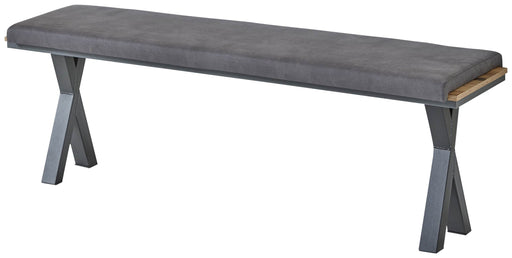 Bank Esszimmerbank PRATO 166 cm mit grauem Sitzkissen, Metallgestell in X-Form und Holzablage, Gesamtansicht.