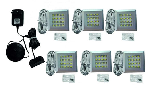 LED Beleuchtung Farbton kaltweiß 54x54 mm 6er-Set mit Netzteil und Anschlusskabeln im Gesamtüberblick.