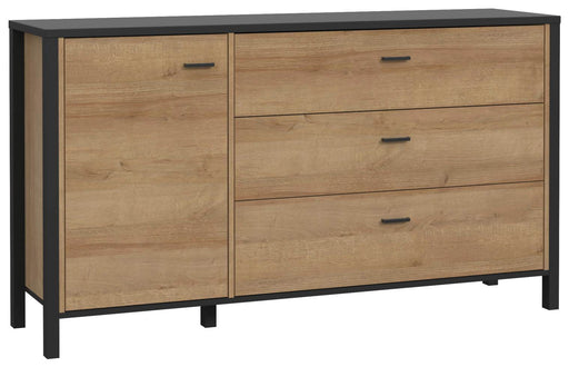 Sideboard Kommode HIGH ROCK Riviera Eiche Optik / Schwarz Gesamtansicht mit einer Tür und drei Schubladen.