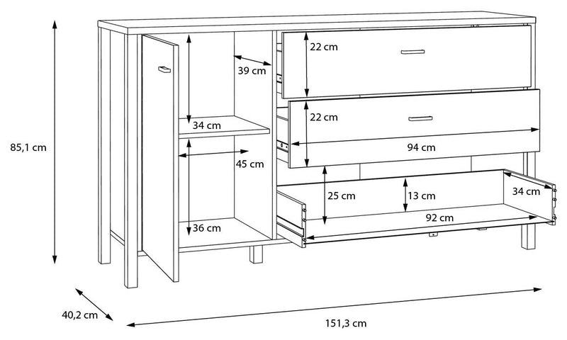 Sideboard Kommode HIGH ROCK Riviera Eiche Optik / Schwarz Forte