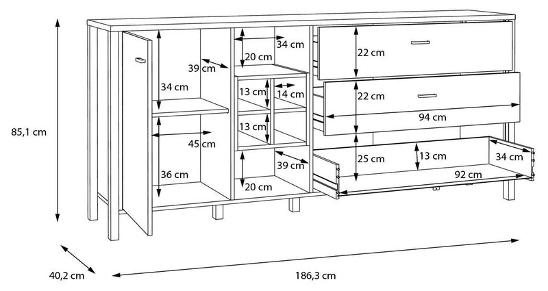 Sideboard Kommode HIGH ROCK 186 cm Riviera Eiche Optik /Schwarz Forte