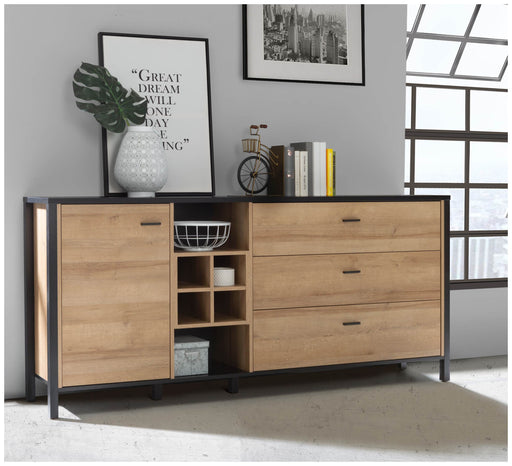 Sideboard Kommode HIGH ROCK 186 cm Riviera Eiche Optik/Schwarz in Gesamtansicht mit Türen, Schubladen und offenem Fach.