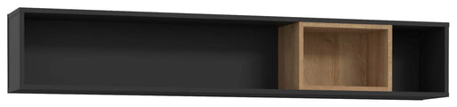 Wandboard HIGH ROCK Riviera Eiche Optik / Schwarz mit offenem Fach in der Mitte und schwarzen Seitenbereichen.