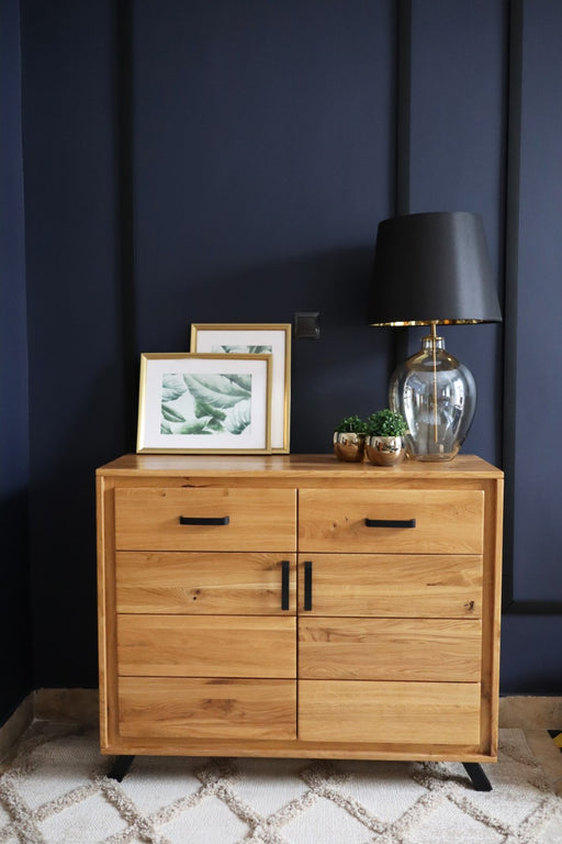 Sideboard BERN 2-türig Wildeiche Massivholz geölt in Gesamtansicht mit zwei Schubladen oben und zwei Türen.