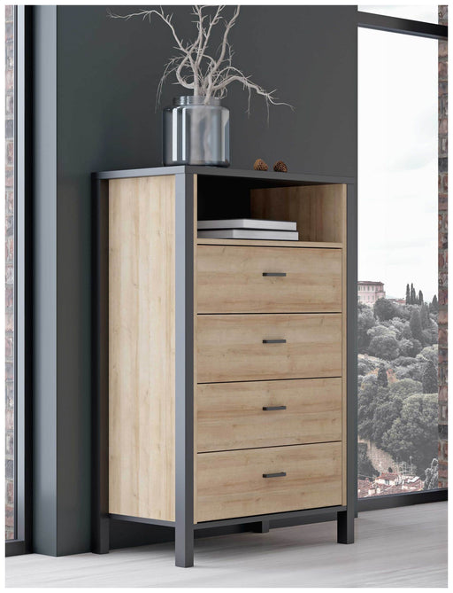 HIGH ROCK K311 Schubladenkommode in Riviera-Eiche-Optik und Schwarz, Gesamtansicht mit offenen Fächern.
