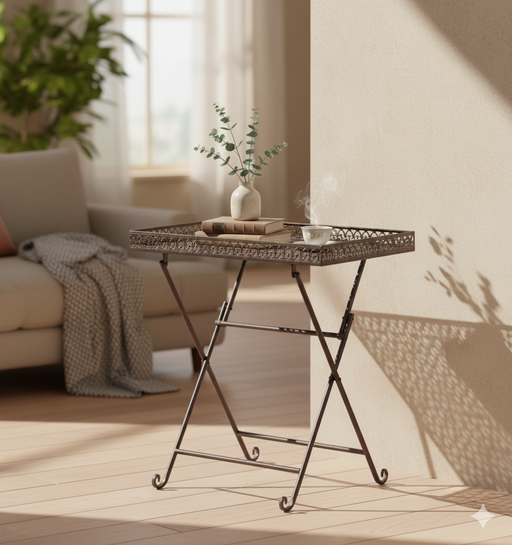 Beistelltisch Klapptisch FIDENZA mit filigran verzierter Metallplatte und gekreuzten Metallbeinen in Gesamtansicht.