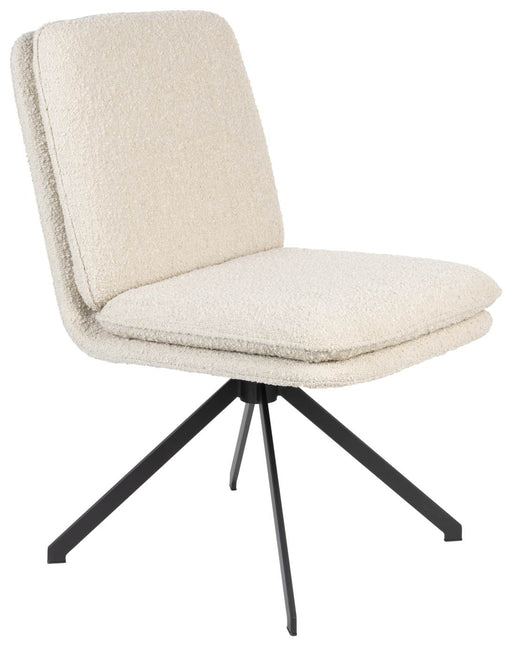 ZUIVER Stuhl TYLER in Beige mit Bouclé-Bezug und schwarzem Metall-Drehgestell, Gesamtansicht.