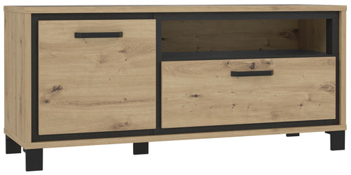 Lowboard TV-Unterkommode TRONDHEIM in Artisan Eiche mit zwei Schubladen und schwarzem Metallrahmen, Gesamtansicht von vorn.