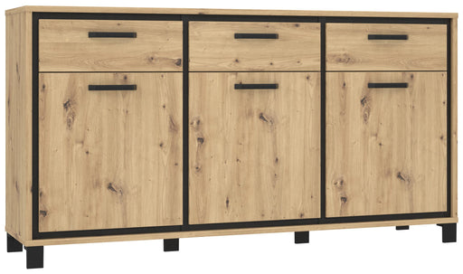 Sideboard TRONDHEIM 3-trg. 3 Schubladen in Artisan-Eiche mit schwarzer Rahmeneinfassung, Gesamtansicht von vorne.