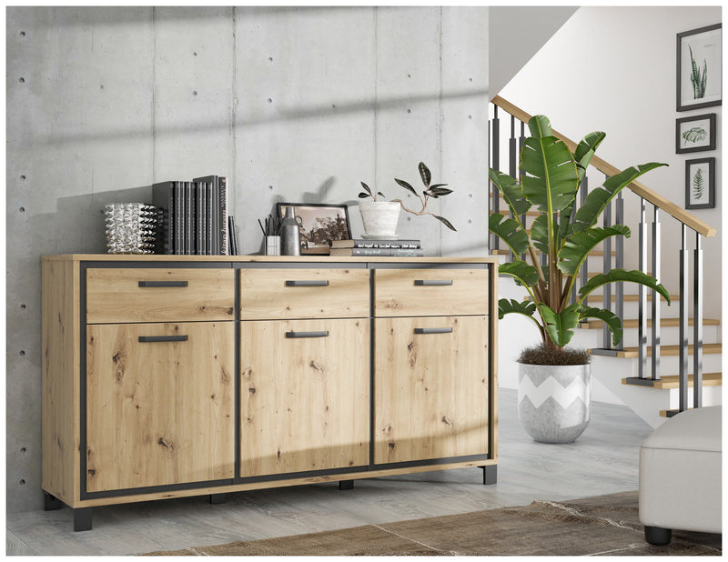 Sideboard TRONDHEIM 3-trg. 3 Schubladen Artisan / Schwarzeiche Optik