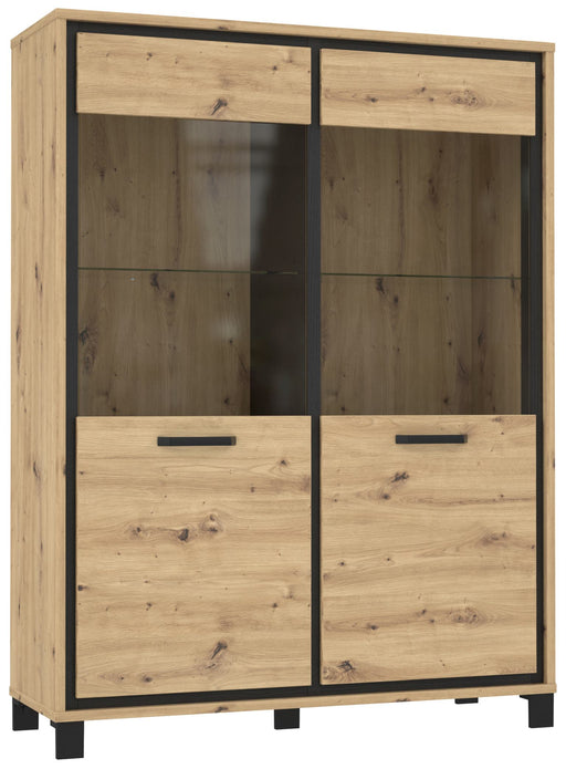 Highboard Vitrine TRONDHEIM V623 mit zwei Glastüren, Schubladen und Fächern in Artisan Eiche und Schwarzeiche, Gesamtansicht.