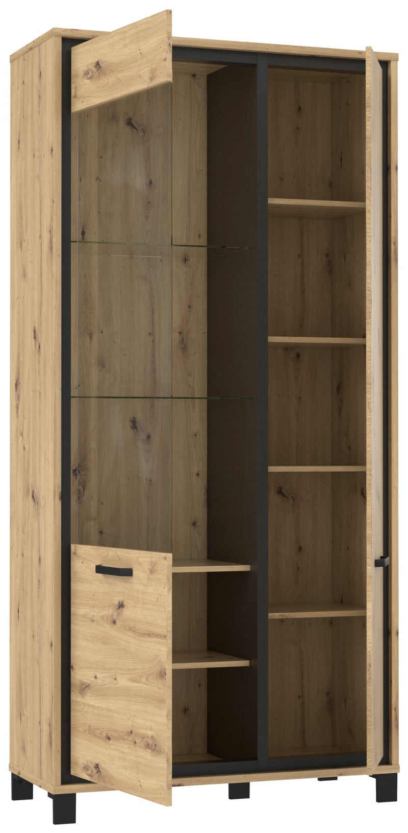 Vitrinenschrank TRONDHEIM 2-trg. Artisan Eiche / Schwarzeiche Optik