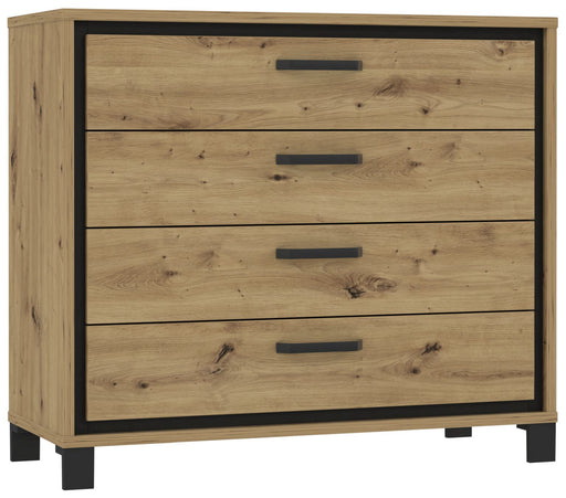 Schubladenkommode TRONDHEIM mit vier Schubladen in Artisan Eiche und schwarzen Griffen, Gesamtansicht von vorne.