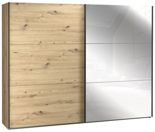 Schwebetürenschrank TRONDHEIM 270 cm mit Schiebetüren in Artisan-Eiche-Optik und Spiegelelementen, Gesamtansicht von vorne.