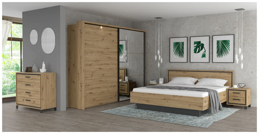 Schlafzimmer-Set TRONDHEIM in Gesamtansicht mit Bett, Kleiderschrank und Nachttischen in Artisan Eiche und Schwarzeiche.