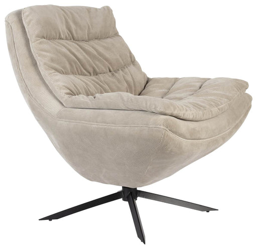 Drehbarer Lounge Sessel VINCE in Beige mit Cordstoff-Bezug und schwarzem Drehfuß, Gesamtansicht.